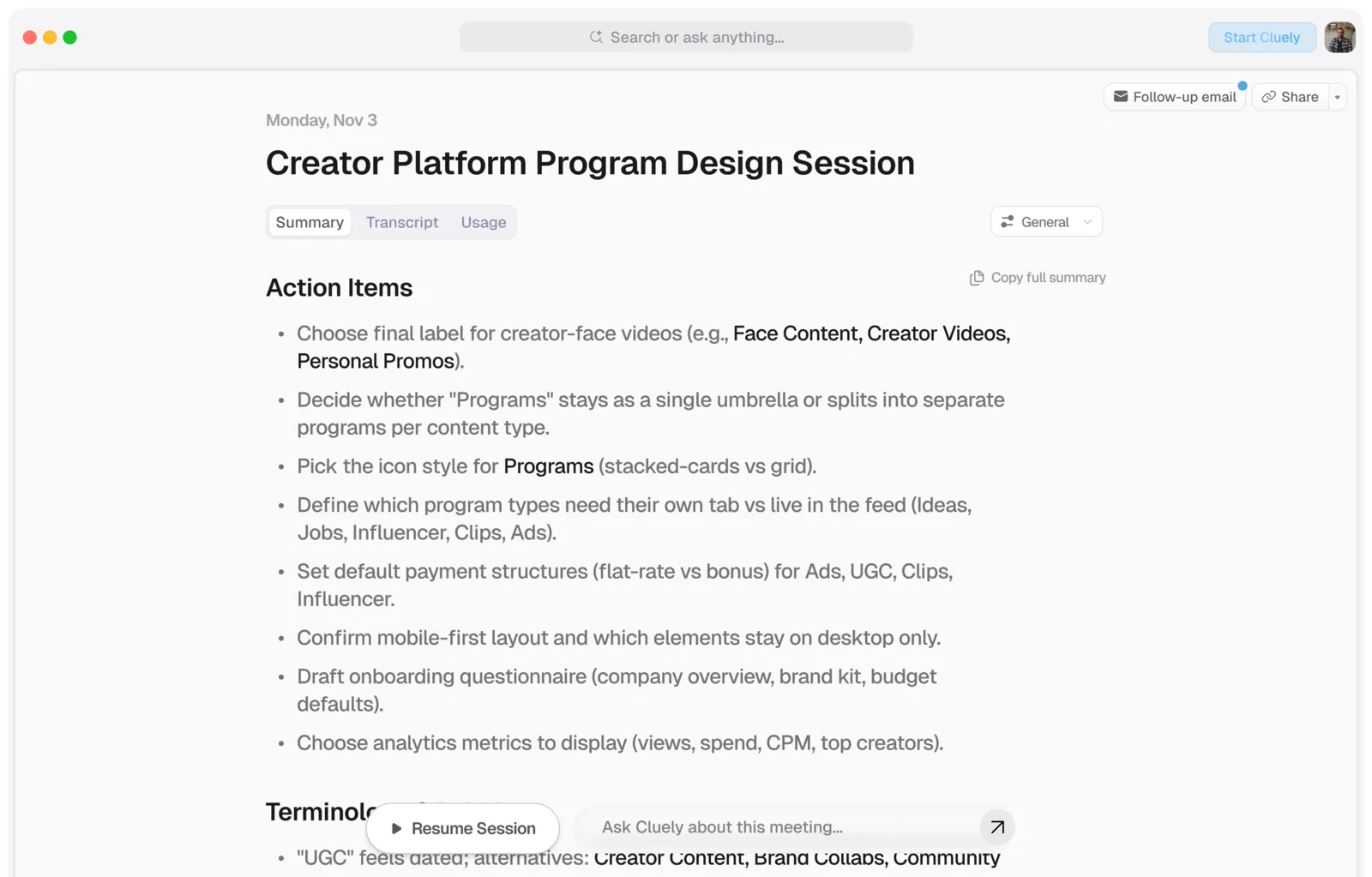 Cluely desktop app showing a meeting summary with action items, Summary, Transcript and Usage tabs, and an “Ask Cluely about this meeting” field.