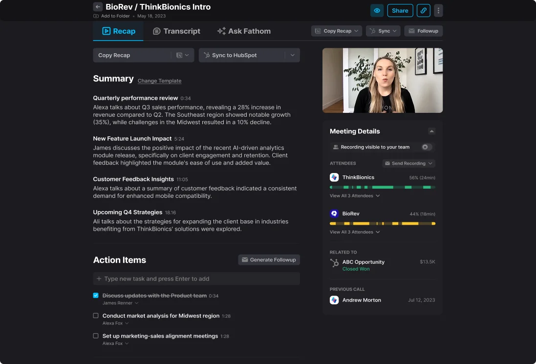 Fathom call recap with a timestamped summary, action items, attendee talk time and a related CRM opportunity.