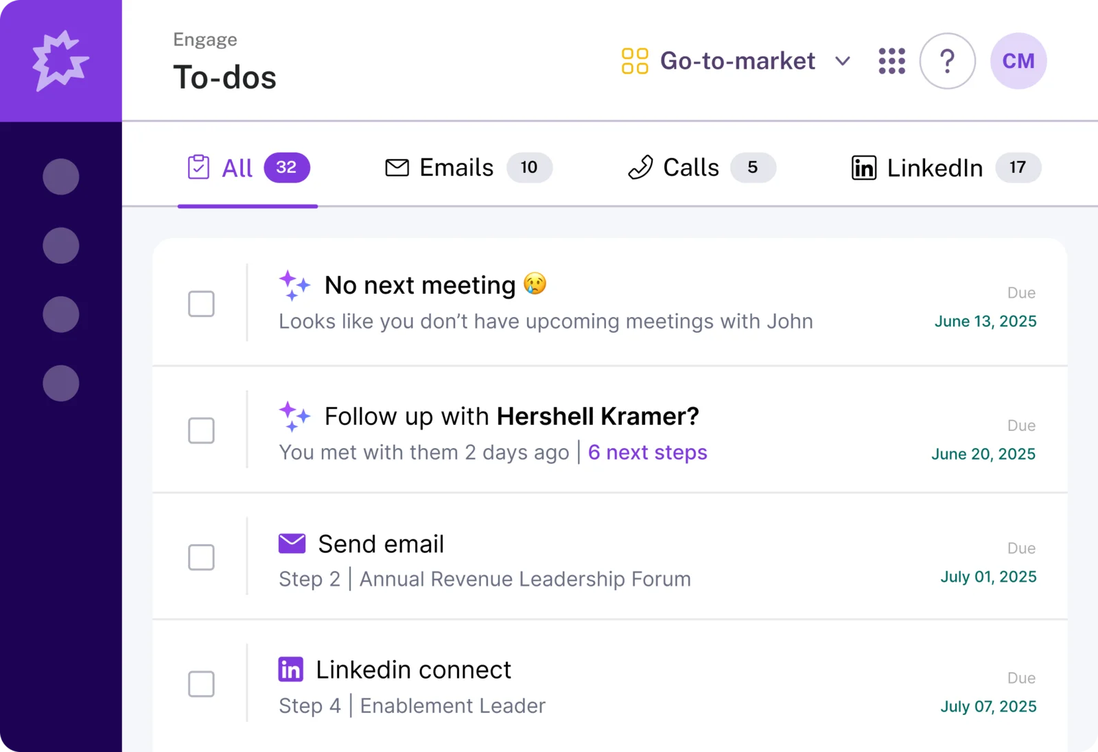 Gong Engage to-do list with tabs for all tasks, emails, calls and LinkedIn, and suggested follow-up tasks with due dates.